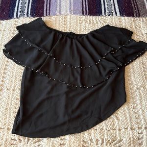 Lucky Branded Off Shoulder Asymmetrical  Blouse Tiered Beaded